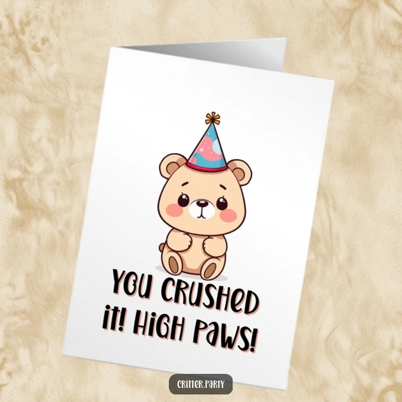Funny Free Printable Bear Congratulations Card: A bear sports a crooked party hat, humorously congratulating you on your success.