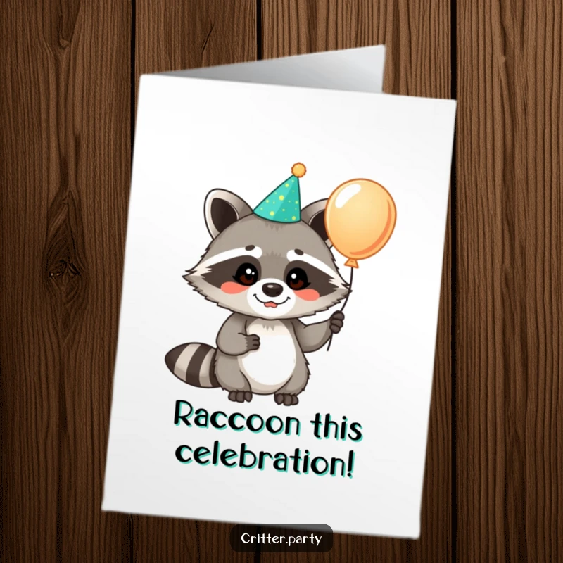 Funny free printable congratulations card of a cheerful raccoon wearing a party hat and holding a celebratory balloon.