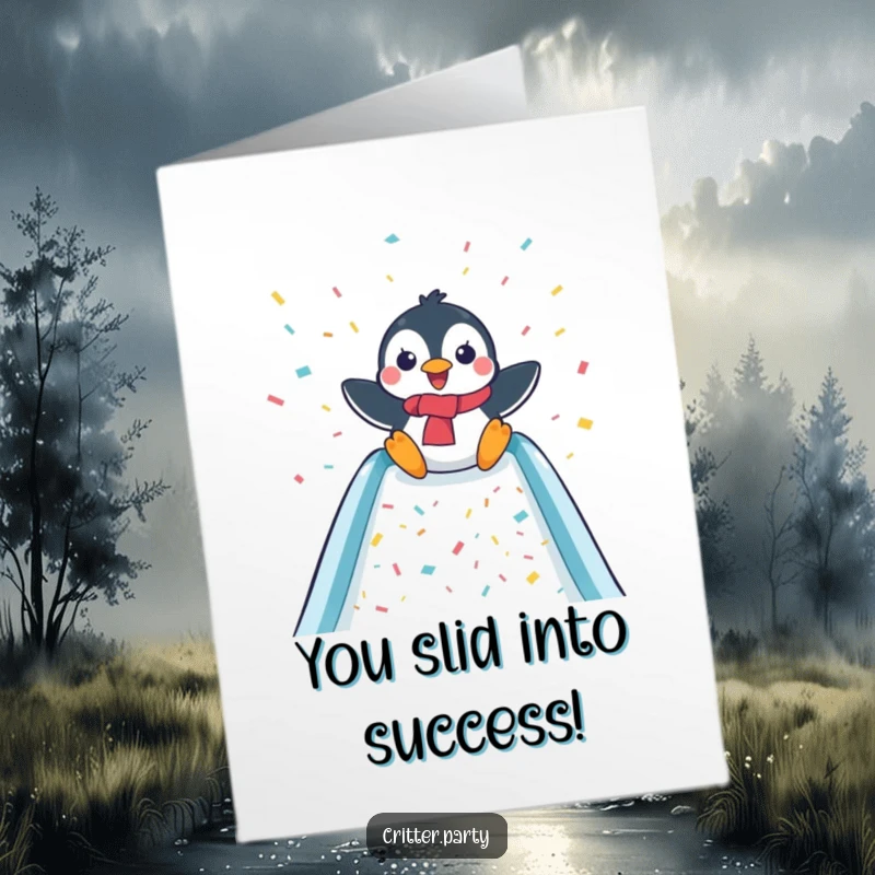 Funny Free Printable Congratulations Card: A delighted penguin happily slides down a confetti-filled slide, celebrating success.