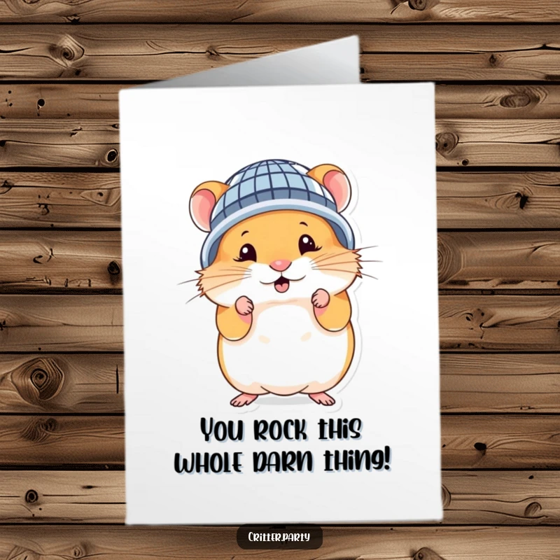 Funny Free Printable Congratulations Card: Cute hamster in disco ball helmet, striking a silly pose, celebrating big.