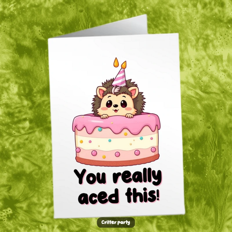 Funny free printable congratulations card featuring a curious hedgehog peeking out from a giant cake, looking surprised.