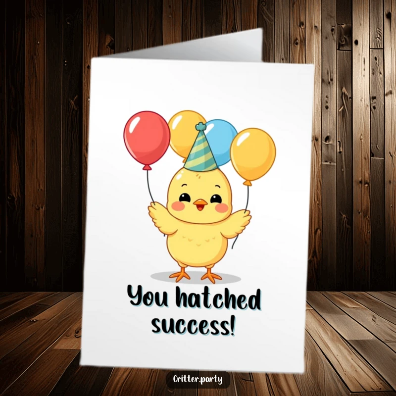 Funny Free Printable Congrats Card: Cute yellow chick wearing a party hat juggles colorful balloons, celebrating an achievement.