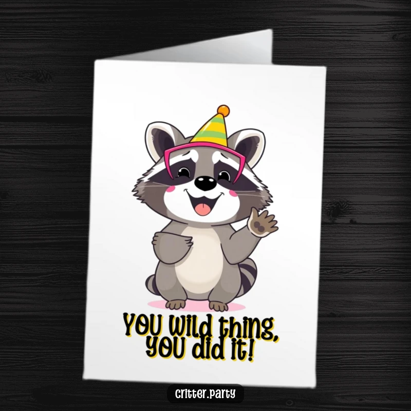 Funny Free Printable Congratulations Card: Happy raccoon in party mask, enthusiastically clapping its paws, cheering success.