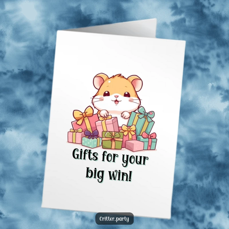 Funny Free Printable Congratulations Card: A playful hamster peeks from behind a stack of gifts, celebrating an achievement.