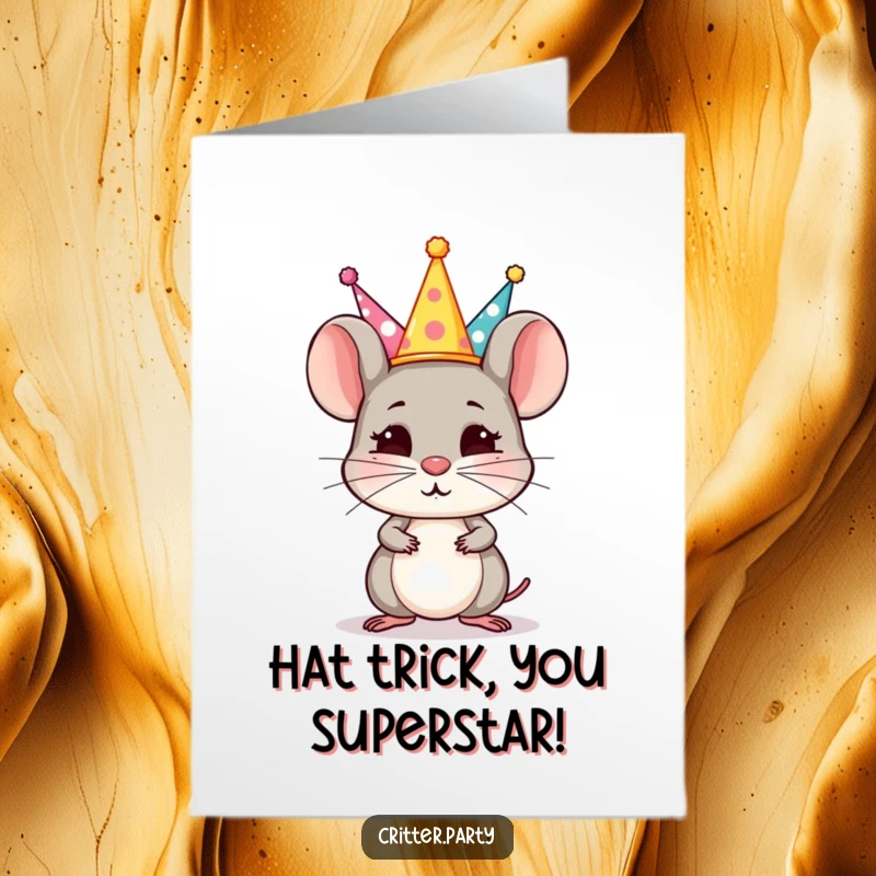Funny Free Printable Congrats Card: Tiny mouse character meticulously balances a precarious stack of miniature party hats on its nose.