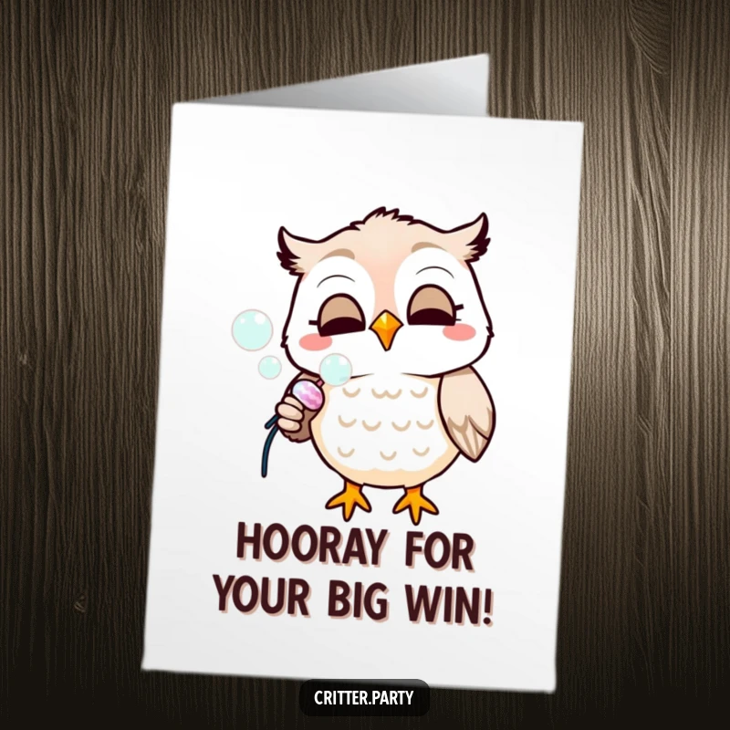 Funny free printable congratulations card where a smiling owl pops a party popper, releasing a stream of bubbles.