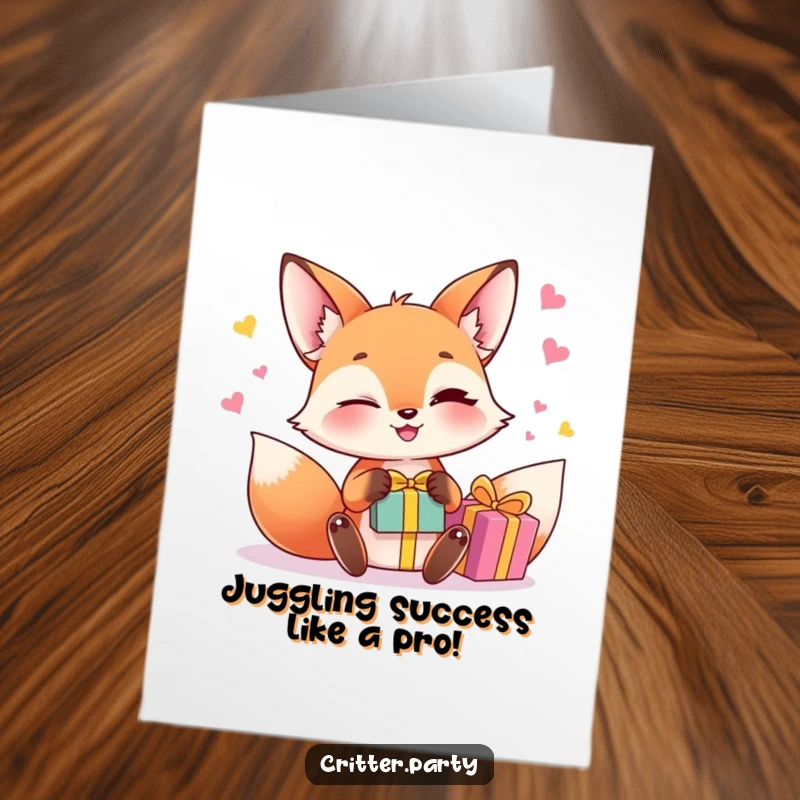 Funny Free Printable Congratulations Card: A winking fox juggles bright gift boxes, full of celebratory energy.