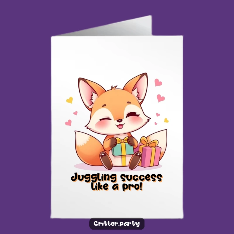 Free Printable Congrats Card: Fox Juggling Gifts, Funny Enthusiastic Greeting!