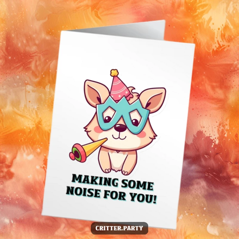 Funny Free Printable Congratulations Card: A smiling animal wearing a party mask blows a horn, celebrating success.