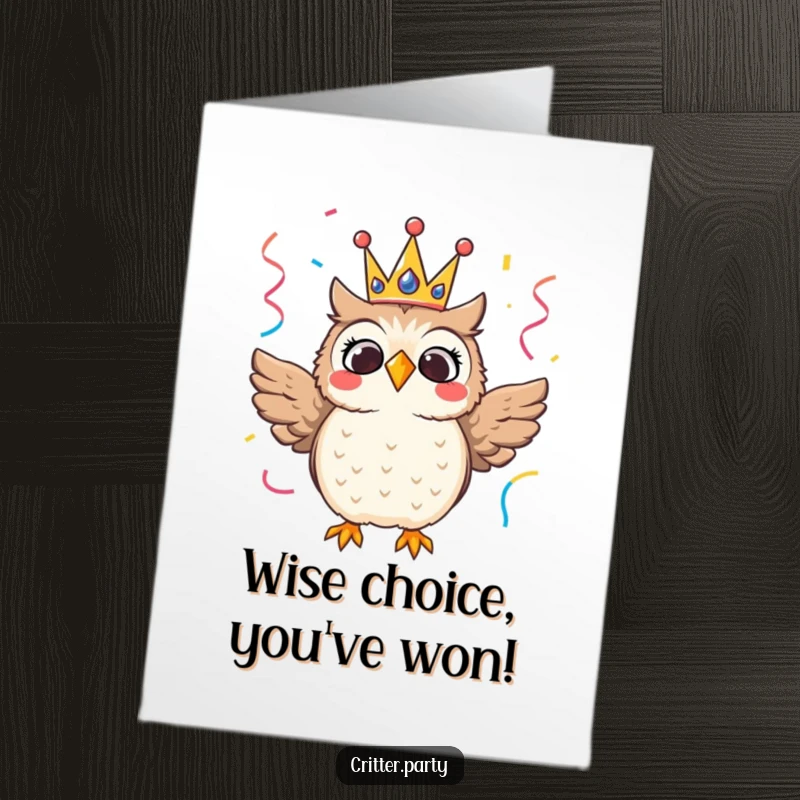 Funny free printable congratulations card featuring a thrilled owl in a festive crown, with streamers, celebrating a major win.