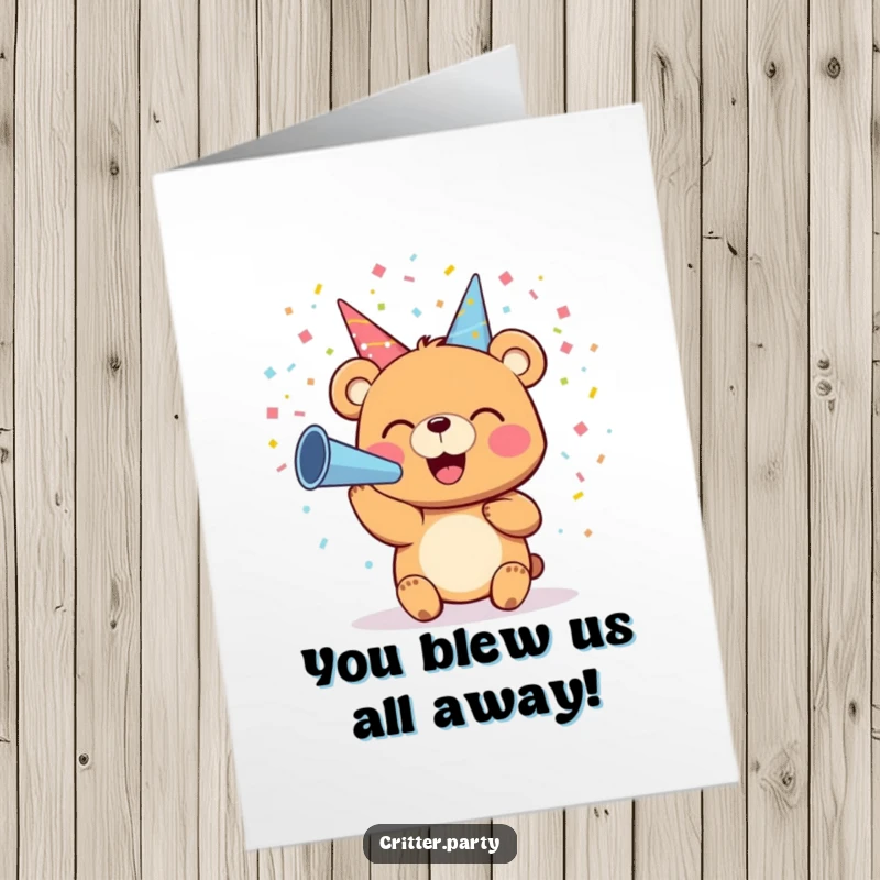Funny Free Printable Congratulations Card: A bear blowing colorful confetti from a party horn with a huge smile, a festive gift.