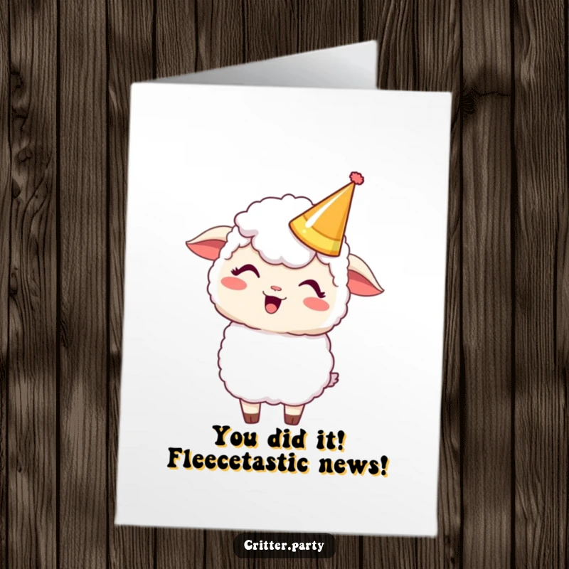 Funny Free Printable Congratulations Card: Giggling Kawaii sheep in a party crown, ideal for a downloadable gift.