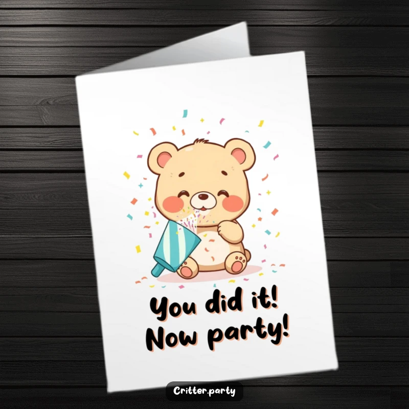 Funny Free Printable Congratulations Card: A happy bear cub excitedly blows massive confetti from a party popper for a big win.