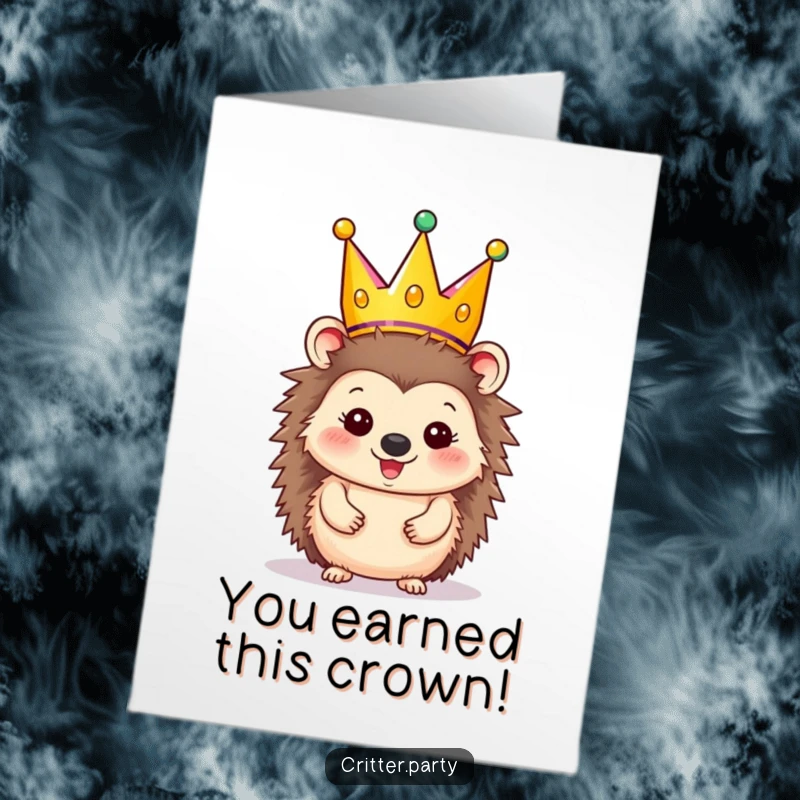 Funny Free Printable Congrats Card: A happy hedgehog sporting a large, festive crown beams with pride, celebrating a fantastic achievement.