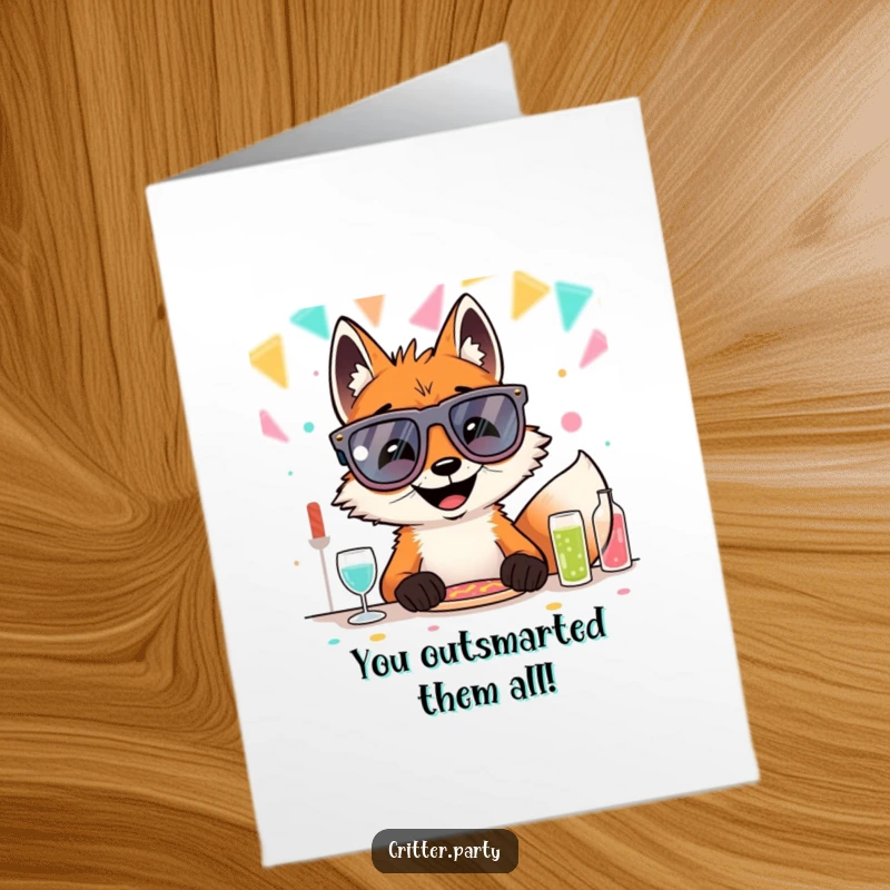 Funny free printable congratulations card of a fox sporting oversized novelty glasses at a party table, embodying celebratory humor and style.