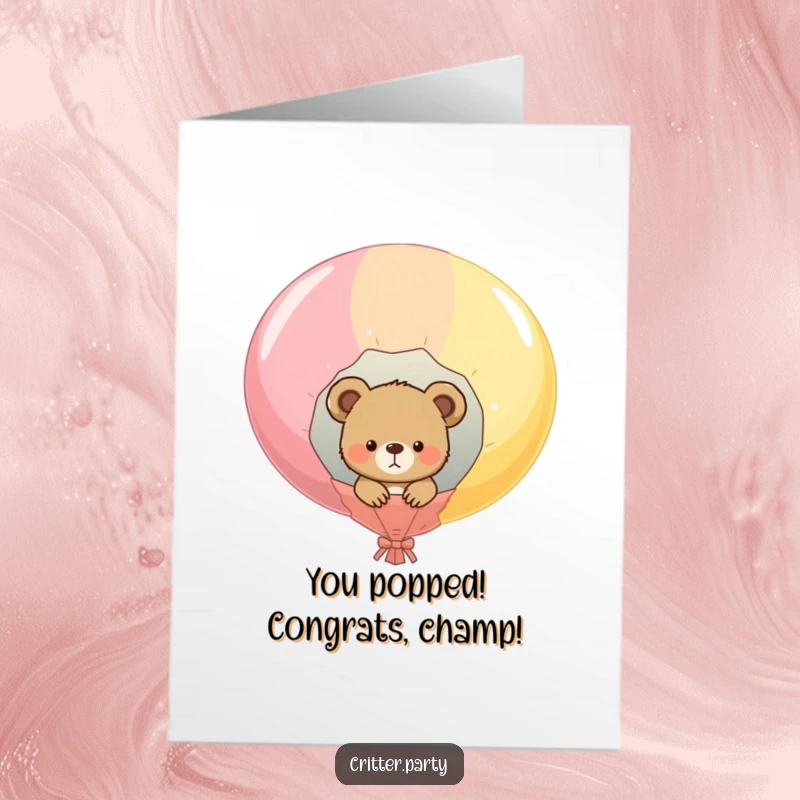 Funny Free Printable Congratulations Card: A curious bear cub emerges from a giant popped balloon, conveying joyful congratulations.
