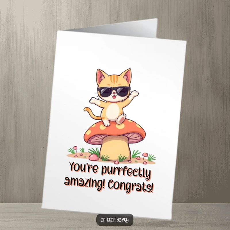 Funny Free Printable Congratulations Card: Winking cat in sunglasses dances energetically on a large, psychedelic mushroom.