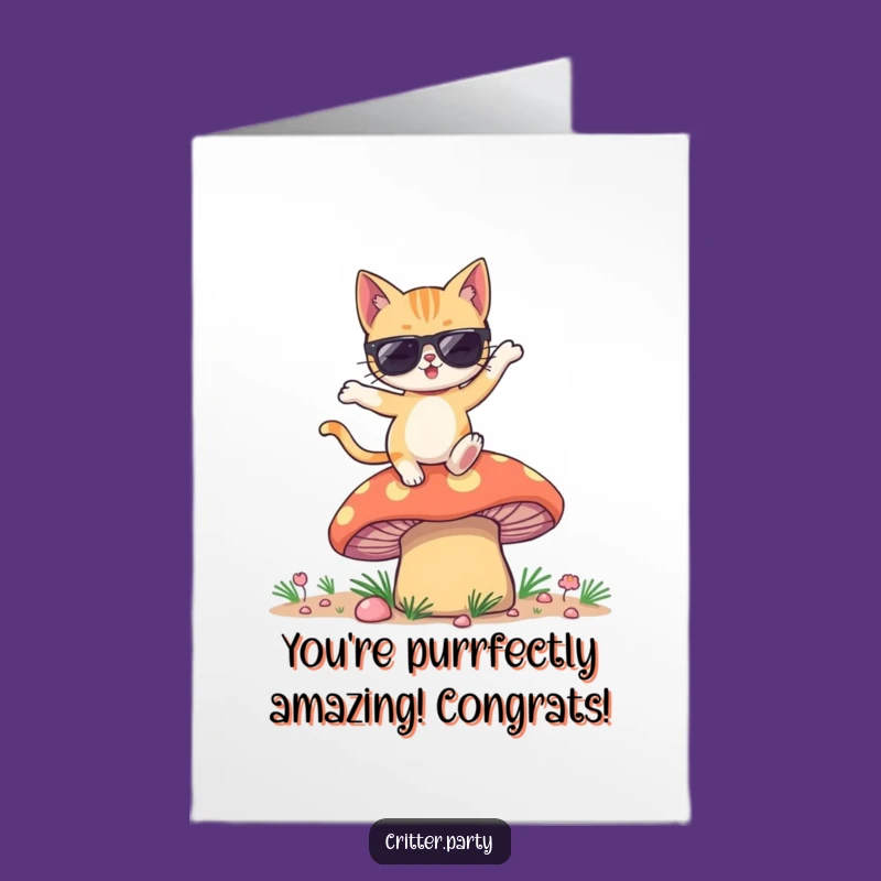 Free Printable Congrats Card: Winking Cat on Mushroom Dancing Funny Downloadable Gift