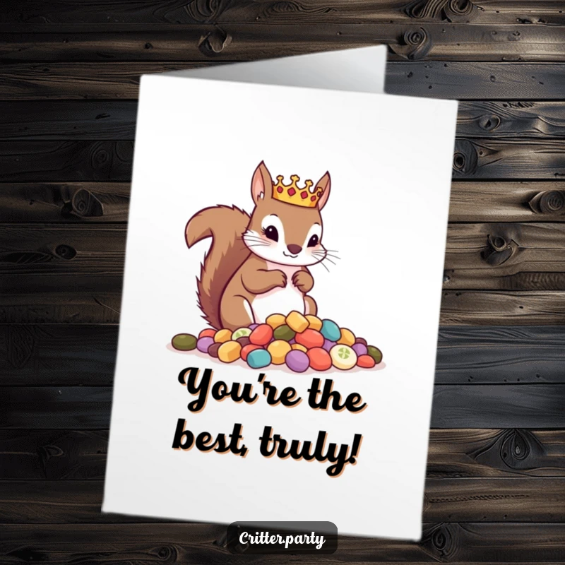Funny Free Printable Congratulations Card: A curious squirrel wearing a miniature crown, looking over a hoard of delicious treats.