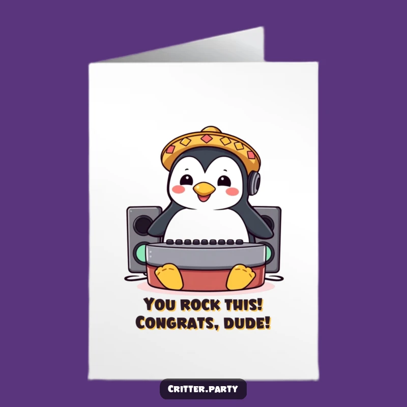 Free Printable Congrats Card: Penguin DJ Sliding Funny Downloadable Gift