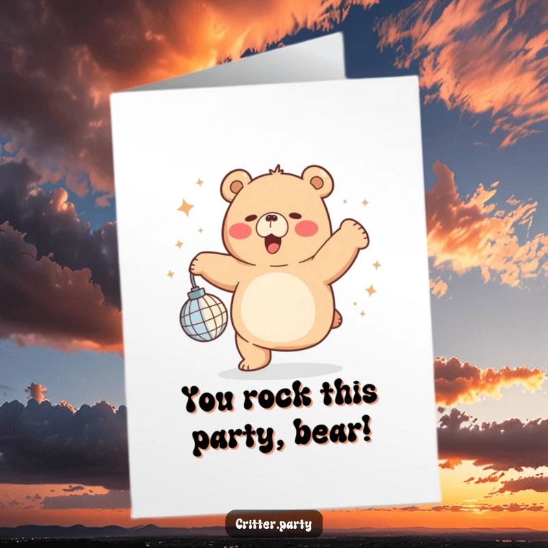 Funny free printable congratulations card featuring a chubby bear joyfully dancing with a miniature disco ball, celebrating any achievement.