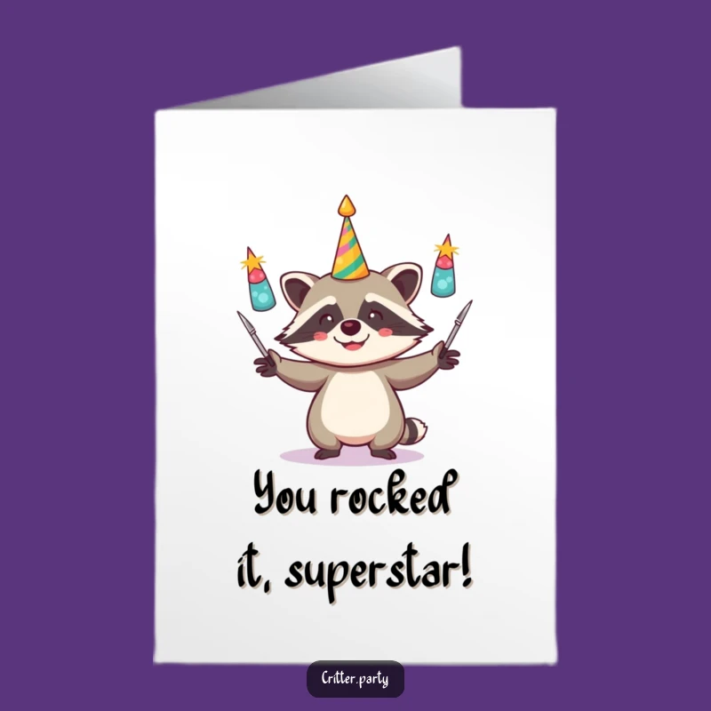 Free Printable Congrats Card: Raccoon Juggling Party Horns - Funny Downloadable Celebration