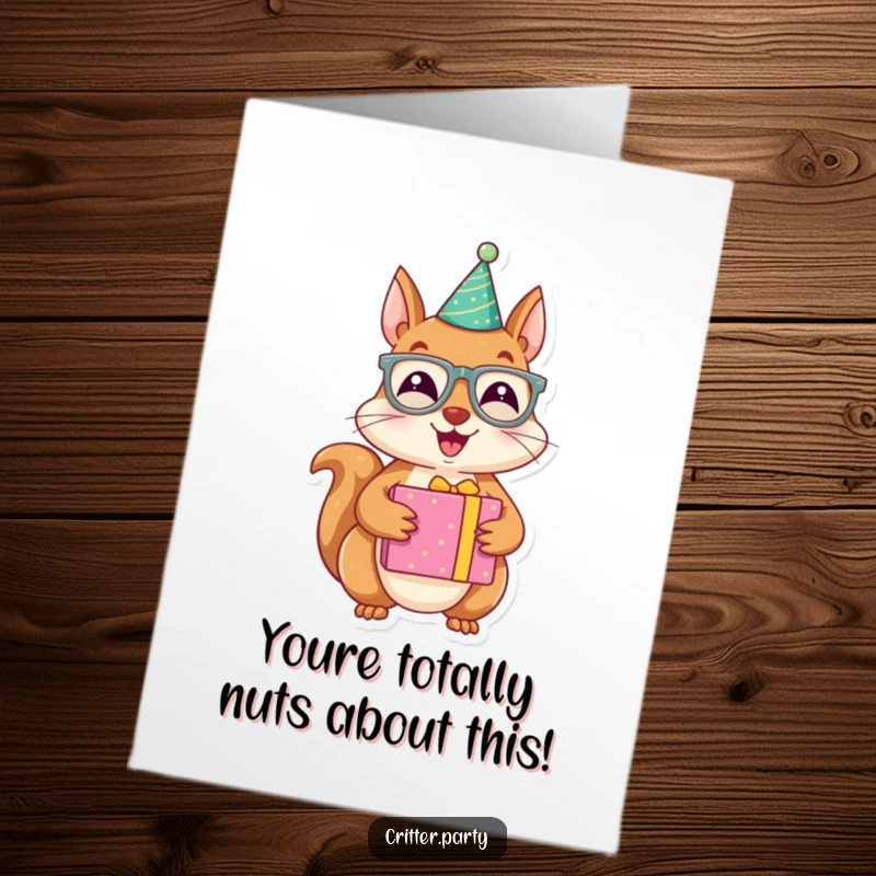 Funny Free Printable Congrats Card: A joyous squirrel wearing party glasses proudly holds a brightly wrapped gift.