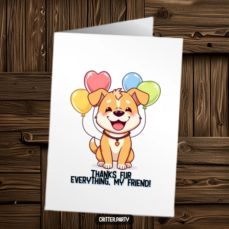 Funny free printable thank you card with a happy dog comically adorned with a colorful string of balloons.