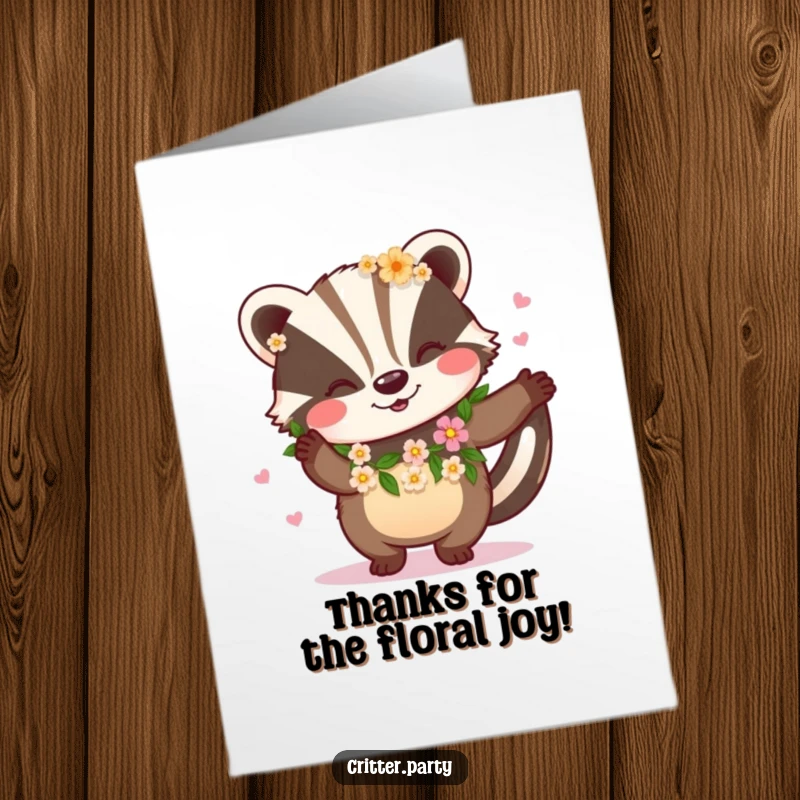 Funny Free Printable Thank You Card: A happy badger wearing a flower garland dances, expressing thanks cheerfully.