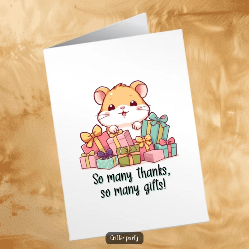 Funny Free Printable Thank You Card: A playful hamster peeks from behind a mountain of gifts, offering thanks.