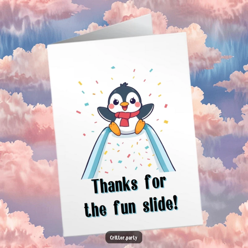 Funny Free Printable Thank You Card: A delighted penguin glides down a confetti slide, conveying warm thanks.
