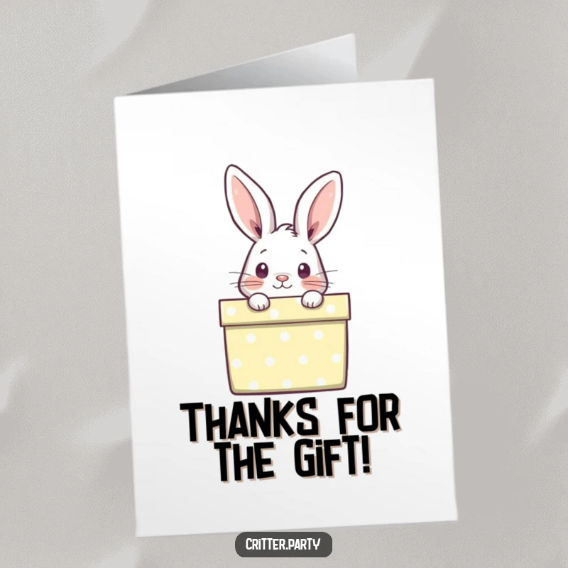 Funny Free Printable Thank You Card: A curious rabbit's head pops out of a brightly wrapped gift box, saying thank you.