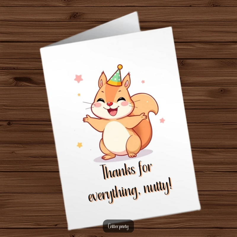 Funny Free Printable Thank You Card: A joyful squirrel sporting a tiny party crown spins around, expressing thanks.