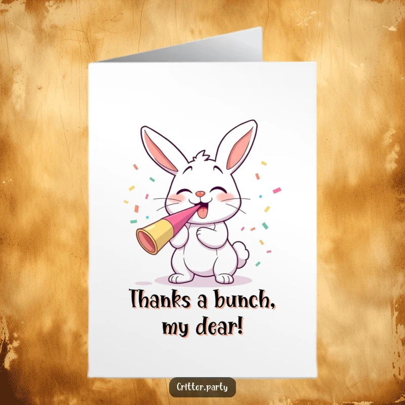 Funny free printable thank you card of a giggling bunny blowing a party horn, with confetti flying, expressing thanks delightfully.