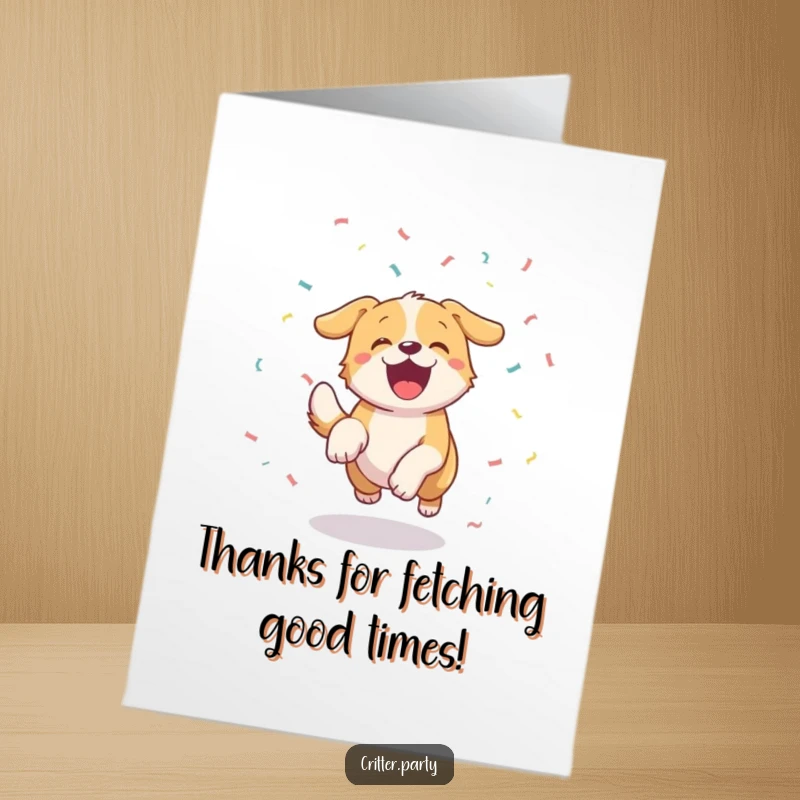 Funny free printable thank you card featuring an excited dog running after confetti, showing gratitude with playful enthusiasm and a wagging tail.
