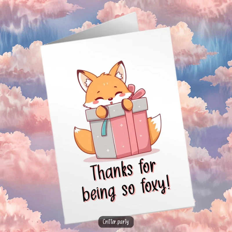 Funny Free Printable Thank You Card: A cute kawaii fox playfully opens a huge present, symbolizing gratitude for a generous gift.