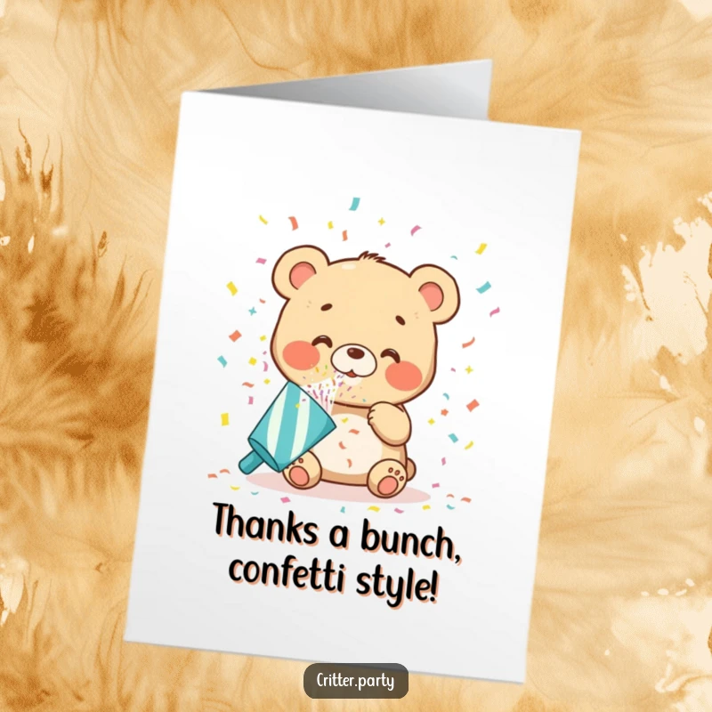 Funny Free Printable Thank You Card: A happy bear cub unleashes a confetti storm from a party popper, sending thanks.