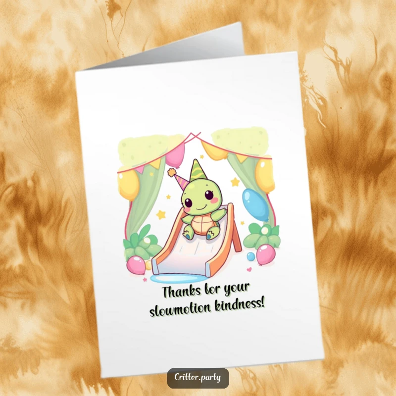 Funny Free Printable Thank You Card: Kawaii turtle happily sliding down a party slide, a sweet downloadable gift.
