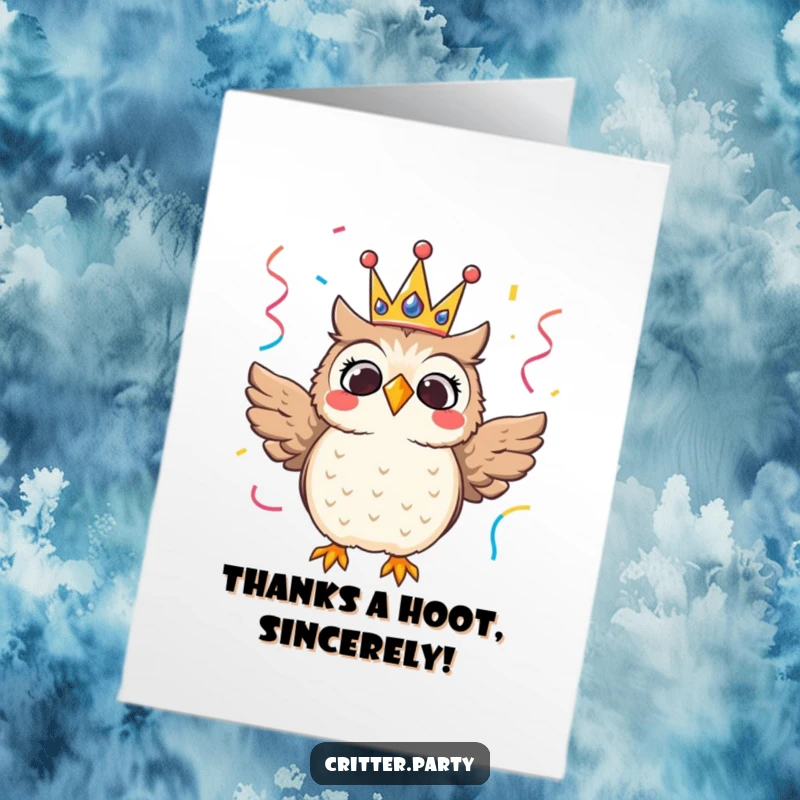Funny free printable thank you card with a thrilled owl wearing a crown and streamers, expressing sincere and royal thanks.