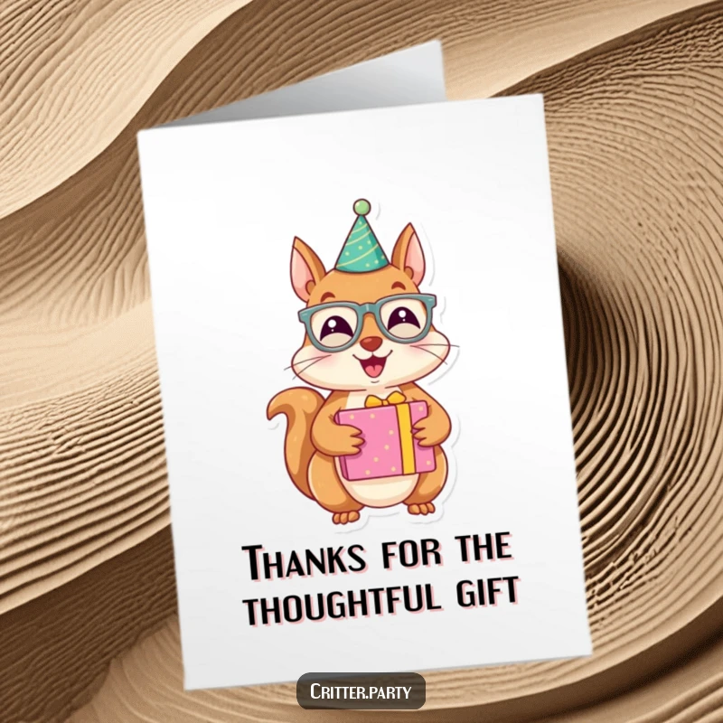 Funny Free Printable Thank You Card: Joyous squirrel with party glasses holds a brightly wrapped present.