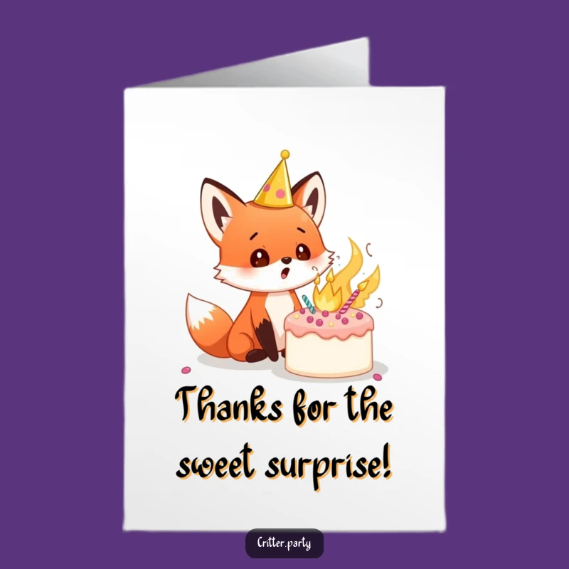 Free Printable Thank You Card: Surprised Fox Cake Moment Downloadable Gift