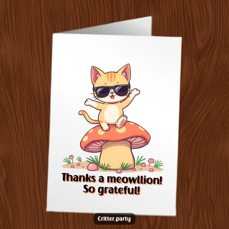 Funny Free Printable Thank You Card: Winking cat in sunglasses grooves on a massive, colorful mushroom.