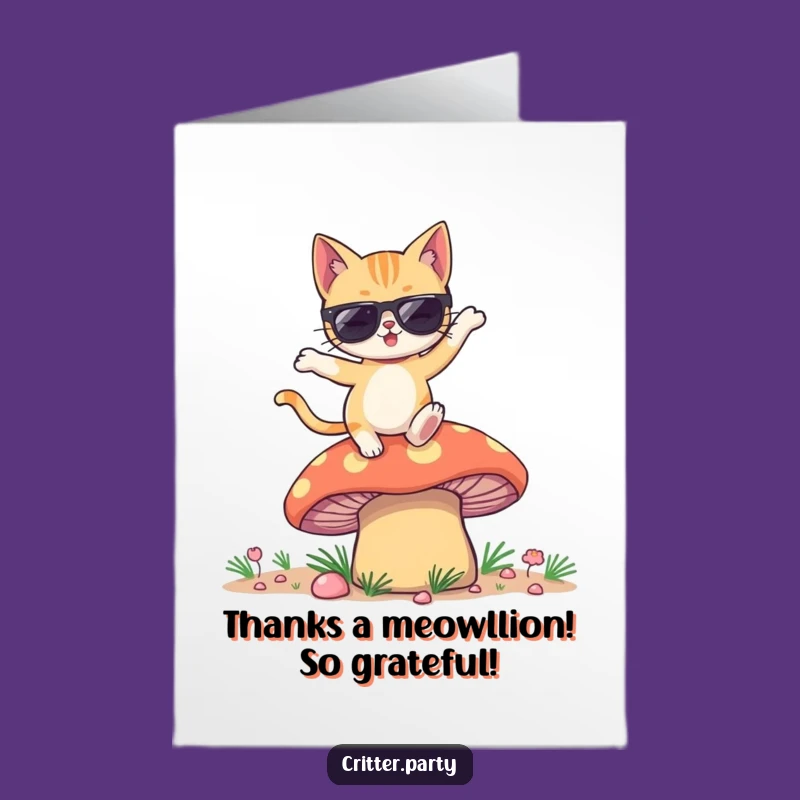 Free Printable Thank You Card: Winking Cat on Mushroom Dancing Funny Downloadable Gift