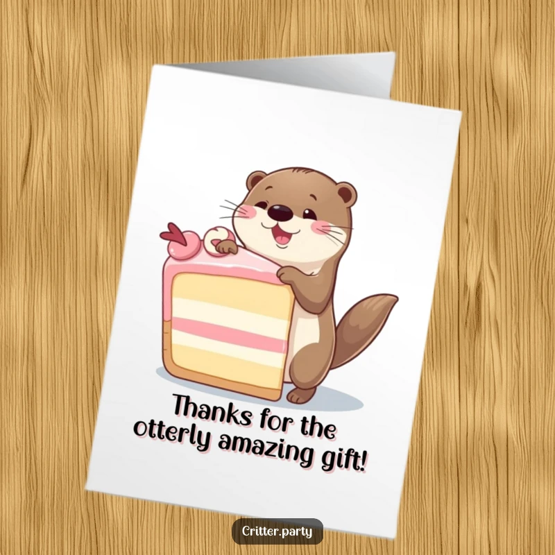 Funny Free Printable Thank You Card: Adorable otter dancing joyfully around a large cake, conveying heartfelt thanks.