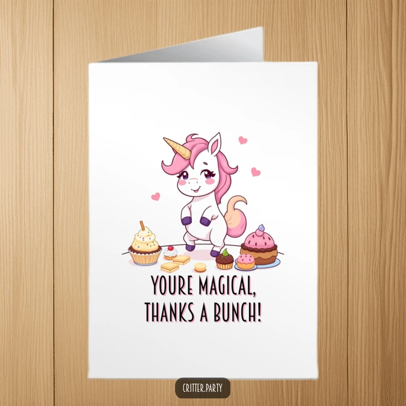 Funny free printable thank you card with a giggling unicorn dancing energetically around a table full of party snacks.