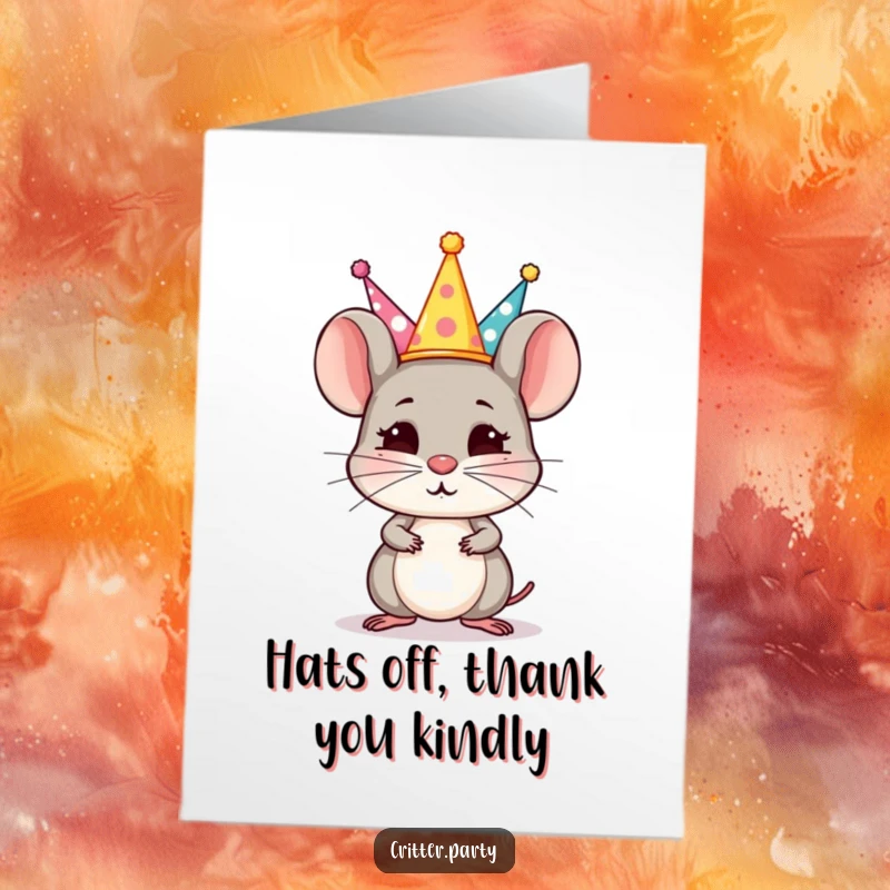 Funny Free Printable Thank You Card: Small mouse balances party hats on its nose, symbolizing a precariously balanced, yet heartfelt, thank you.