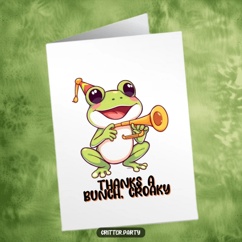 Funny Free Printable Thank You Card: A party frog character plays a tiny trumpet with a very wide, joyful smile.