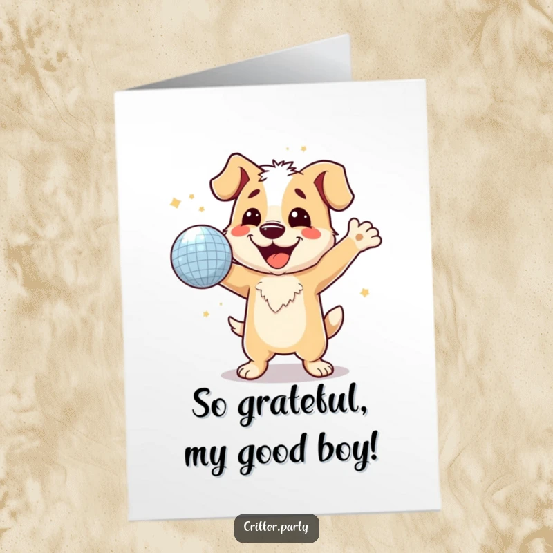 Funny free printable thank you card featuring a happy dog dancing with a sparkling disco ball, expressing thanks with a big grin.