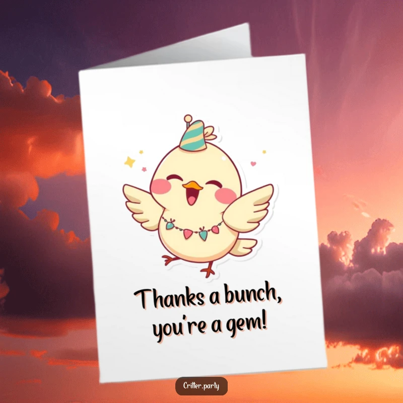 Funny Free Printable Thank You Card: Joyful bird with a huge grin, wearing a party garland, fluttering.