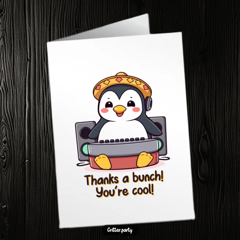 Funny Free Printable Thank You Card: A penguin DJ sporting a sombrero slides across a deejay booth, thanking you.